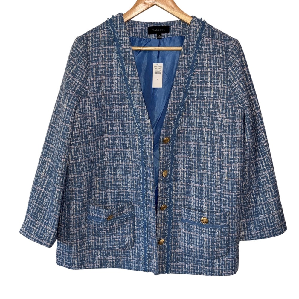 Talbots Tweed Blazer Women NWT Gold Button Fringed Trim Classic Preppy 4 Blue